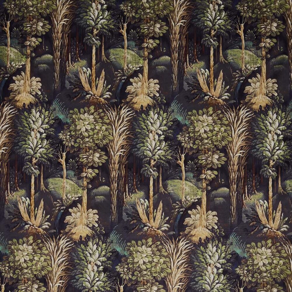 Tejido aterciopelado estampado de bosque mágico, color Ebony