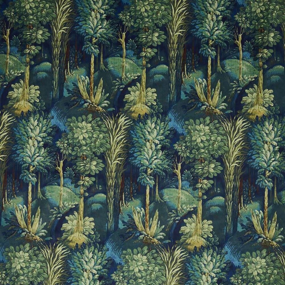 Tejido aterciopelado estampado de bosque mágico, color Sapphire