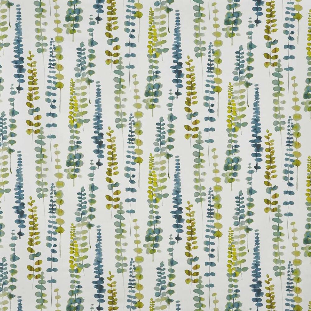 Tela para cortinas en algodón estampada de hojas y ancho 280cm. Color azul pato ref. 8300023