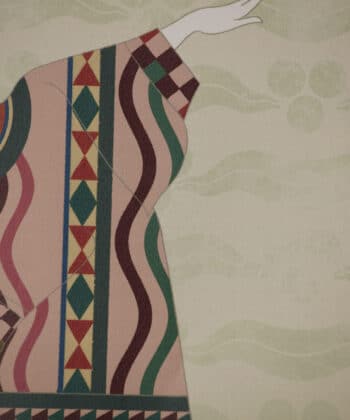 Papel pintado "bucco" con diseño de bailarines con magníficos trajes orientales con detalles en verde. Autor James Malone
