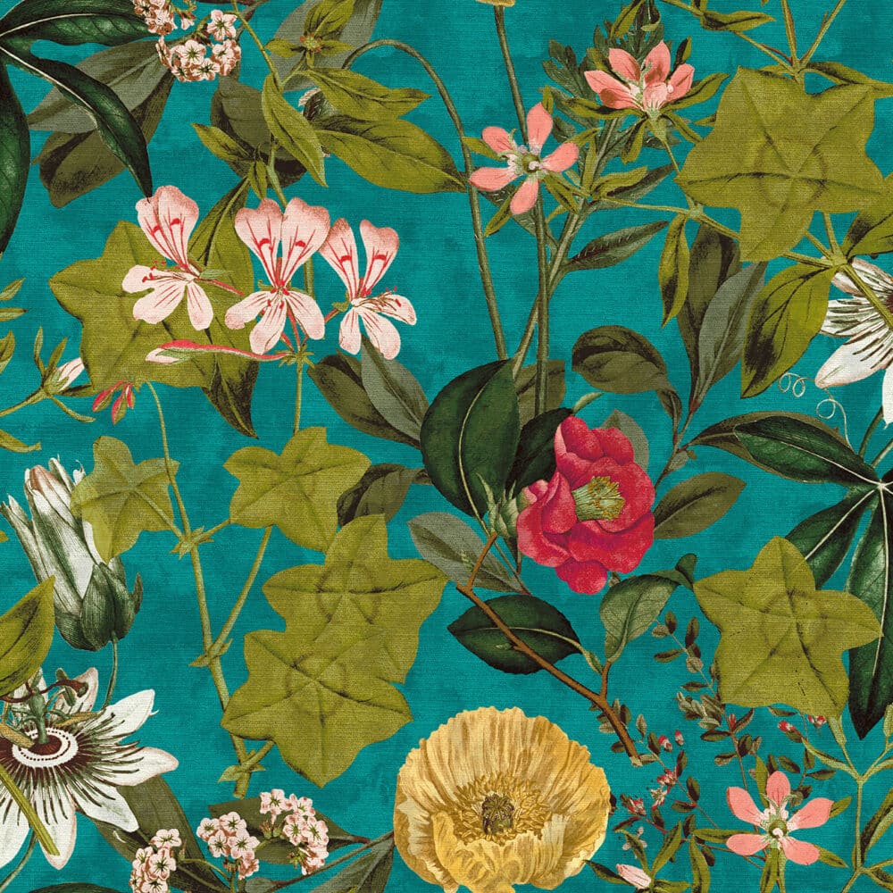 Terciopelo de estampado floral en verde menta "Passiflora" diseño de Clarke & Clarke