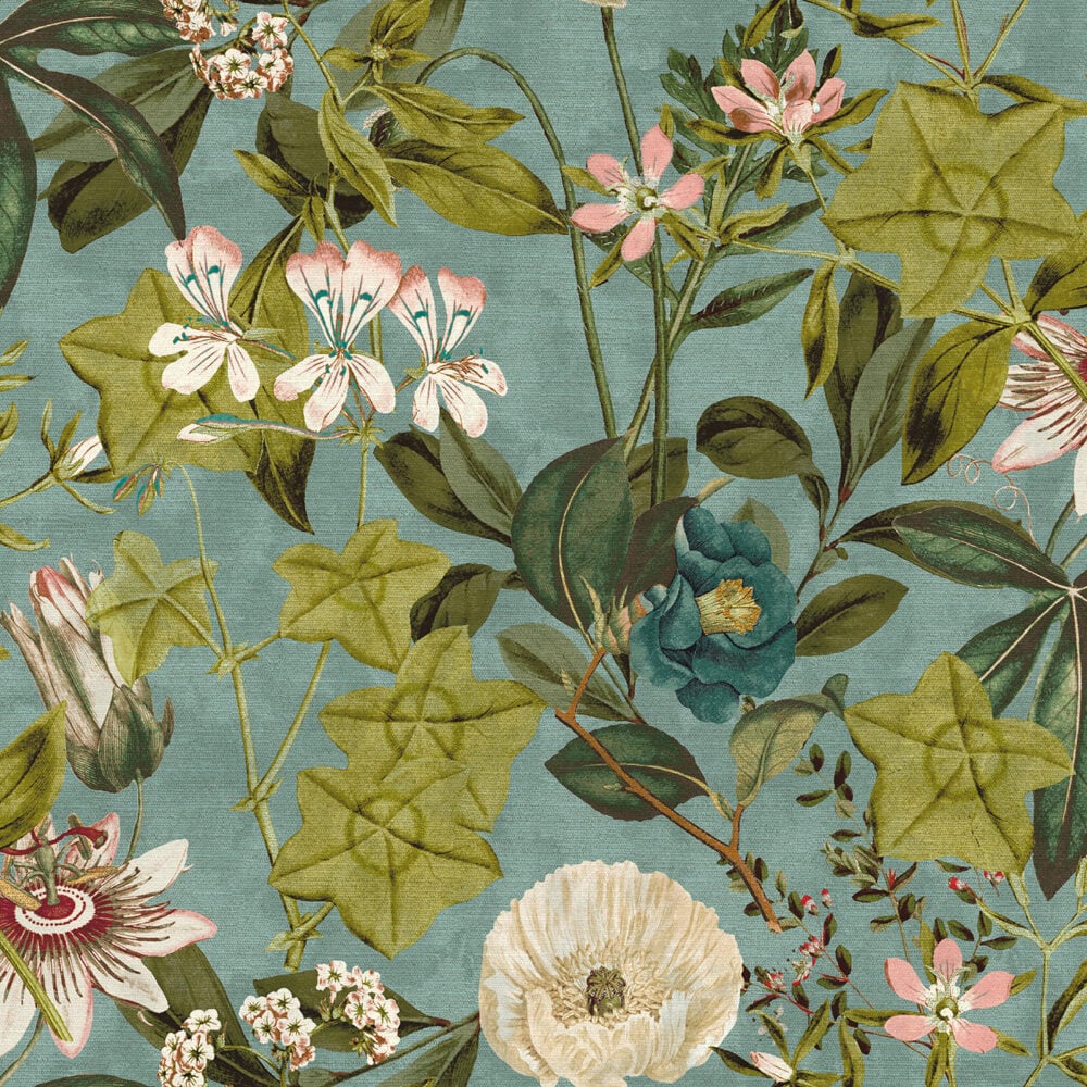 Terciopelo de estampado floral en verde menta "Passiflora" diseño de Clarke & Clarke