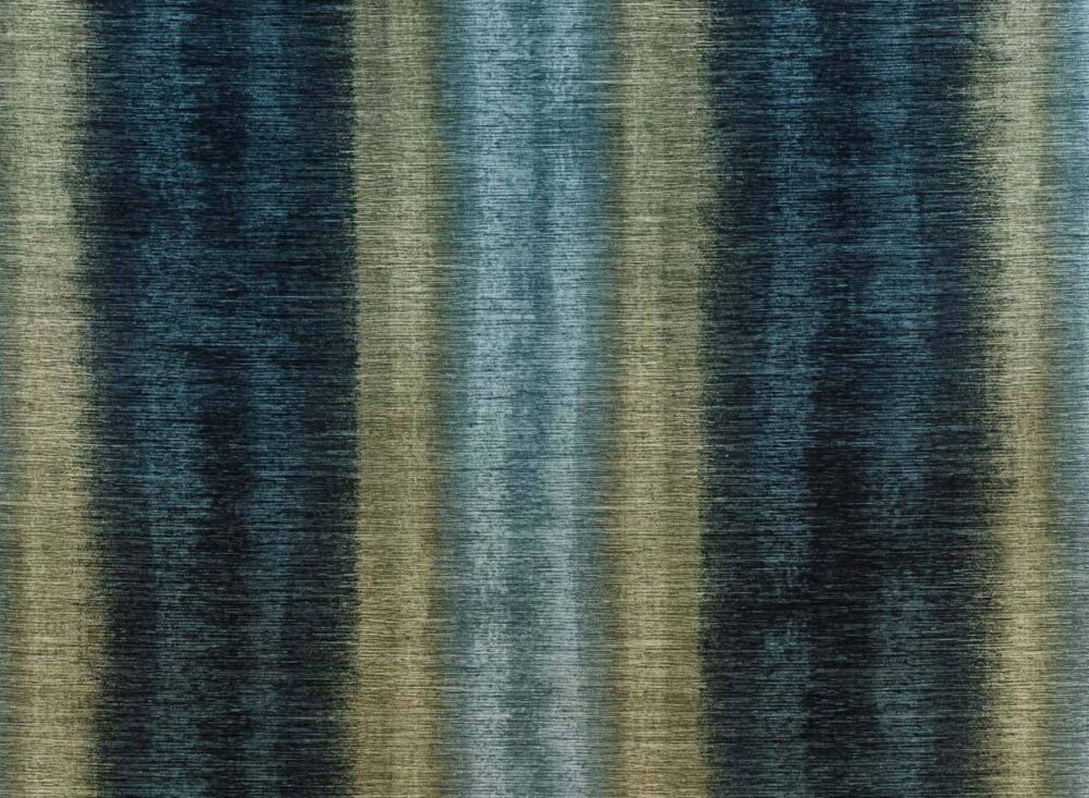 Chenilla de terciopelo estampada con franjas abstractas en azul y verde