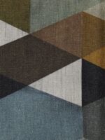 Tela de tapicería 100% lino estampado geométrico en tonos azul y dorado