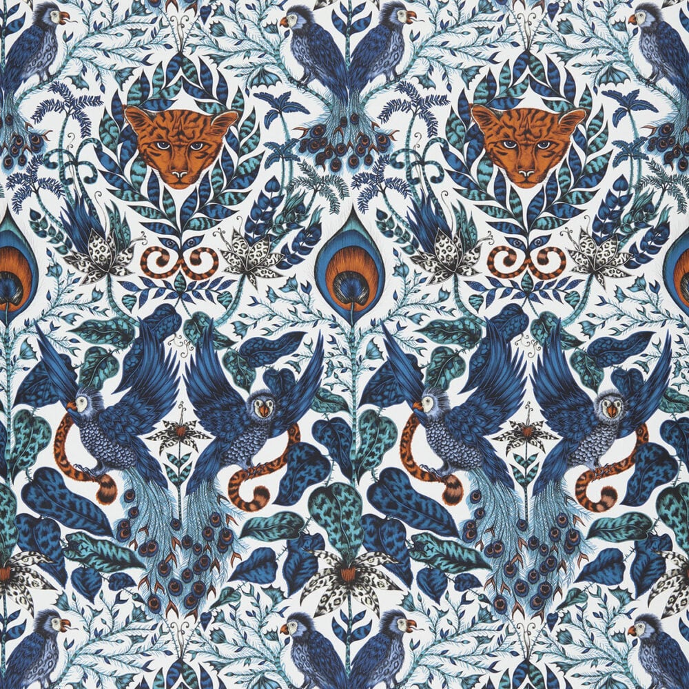 Papel pintado de animales fantásticos y aves en azul