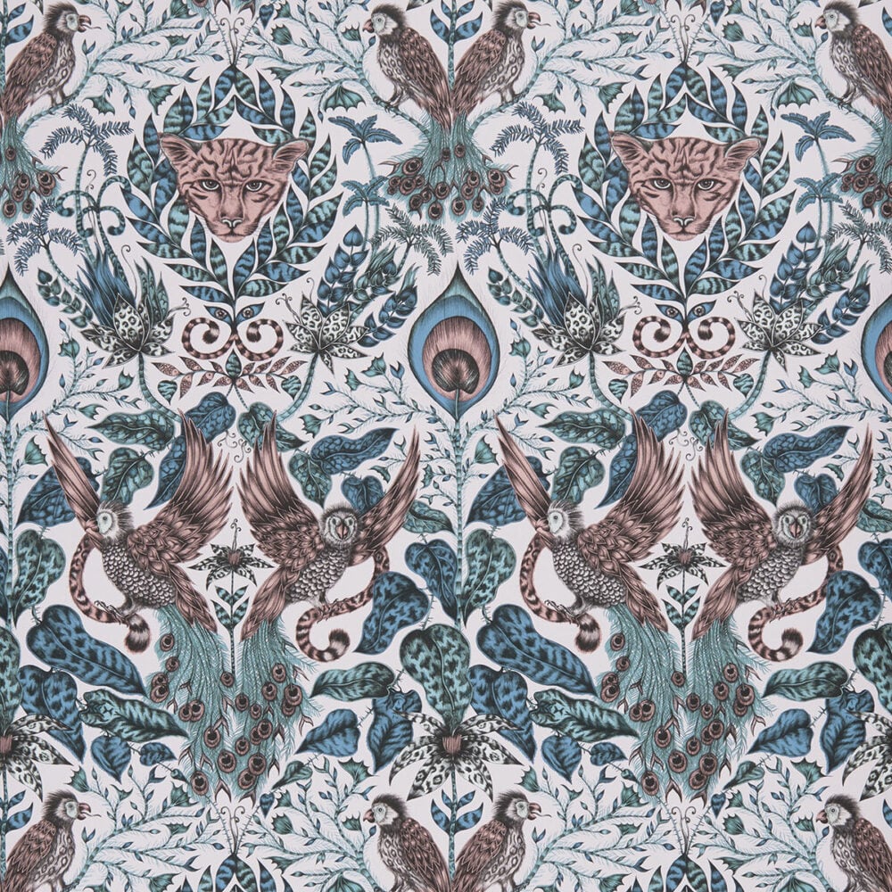 Papel pintado de animales fantásticos y aves en lila