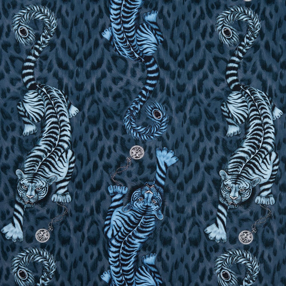 Estampado fantástico de tigres y animal print azul marino en algodón 100% grueso