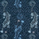 Estampado fantástico de tigres y animal print azul marino en algodón 100% grueso