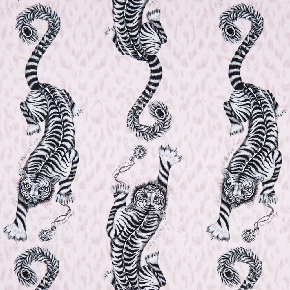Estampado fantástico de tigres y animal print rosa en algodón 100% grueso