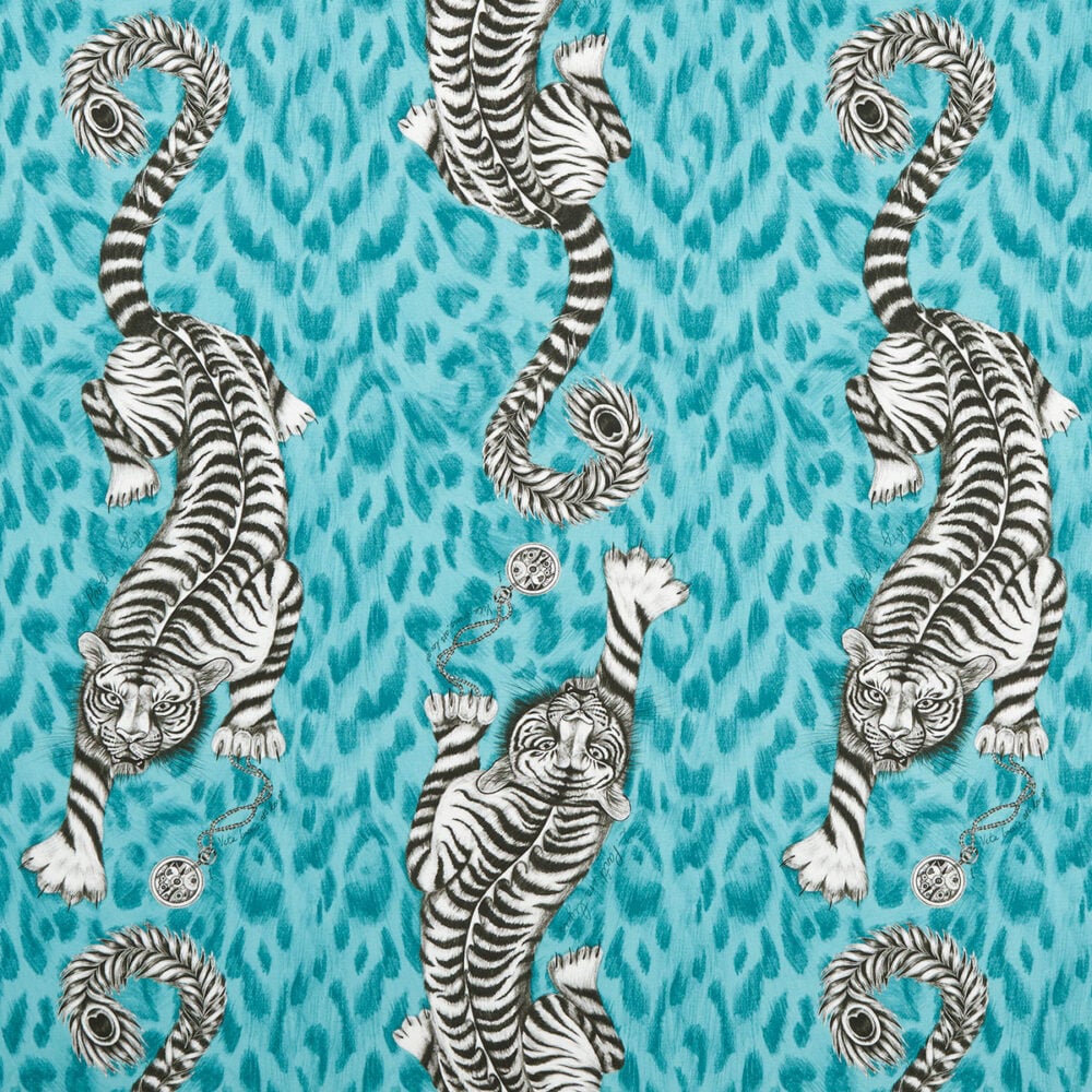 Estampado fantástico de tigres y animal print en turquesa en algodón 100% grueso