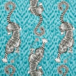 Estampado fantástico de tigres y animal print en turquesa en algodón 100% grueso