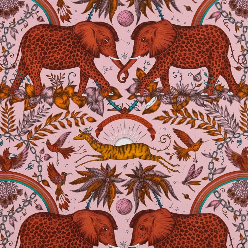 Estampado de elefantes de fantasía en algodón grueso color rosa