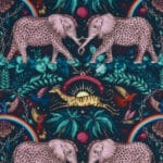 Estampado de elefantes de fantasía en algodón grueso color azul marino y rosa