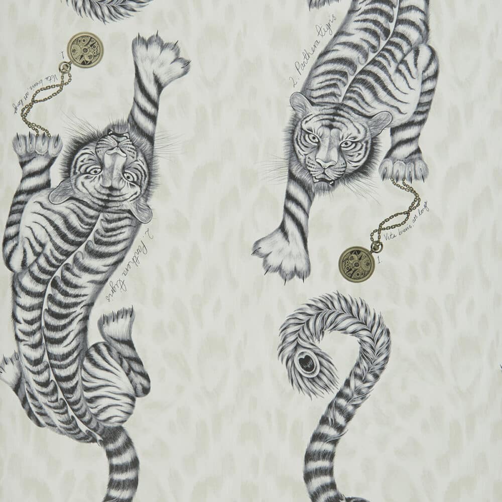 Papel pintado de grandes leopardos en blanco roto
