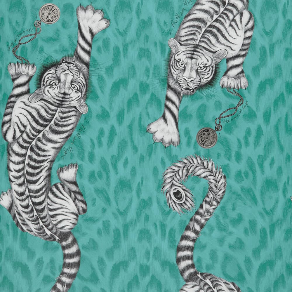 Papel pintado de grandes leopardos en turquesa
