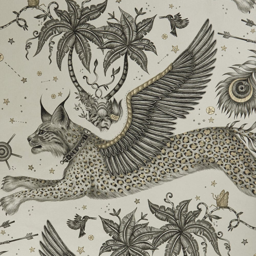Papel pintado con motivos de animales fantásticos en blanco y monocromo