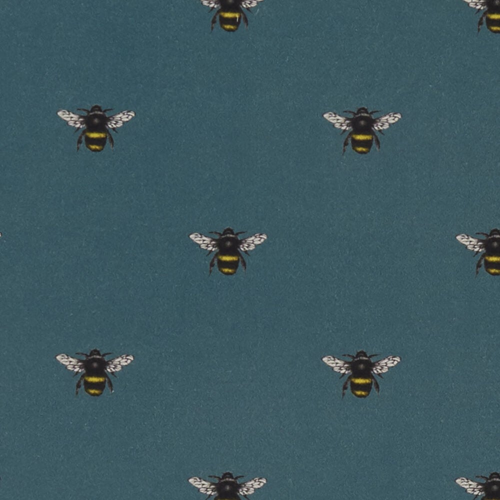 tela de algodón y lino estampado de abejas en azul pato