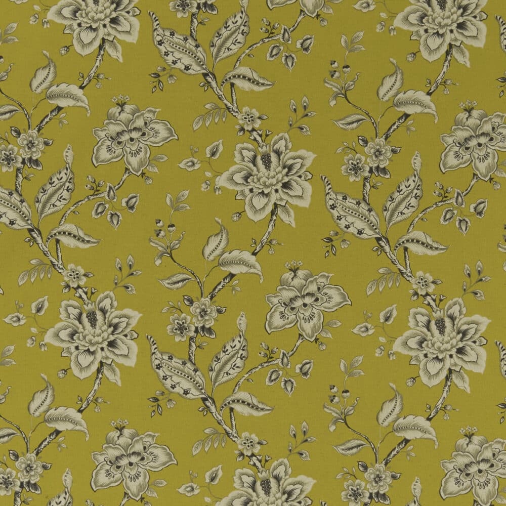 Tela gruesa de algodón y lino de estampado floral clásico en color mostaza