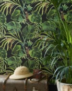 Papel pintado tropical de hojas exóticas y monos