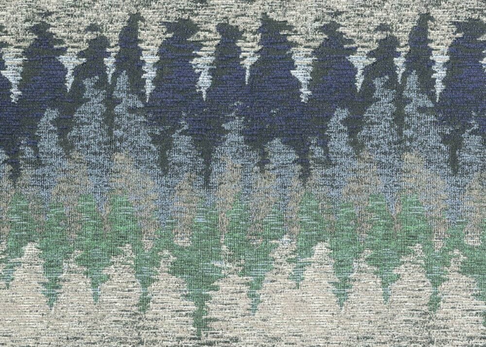 Papel pintado de rayas en zig-zag y textura de tela. Diseño "Alps" de Missoni Home en azul marino y verde esmeralda