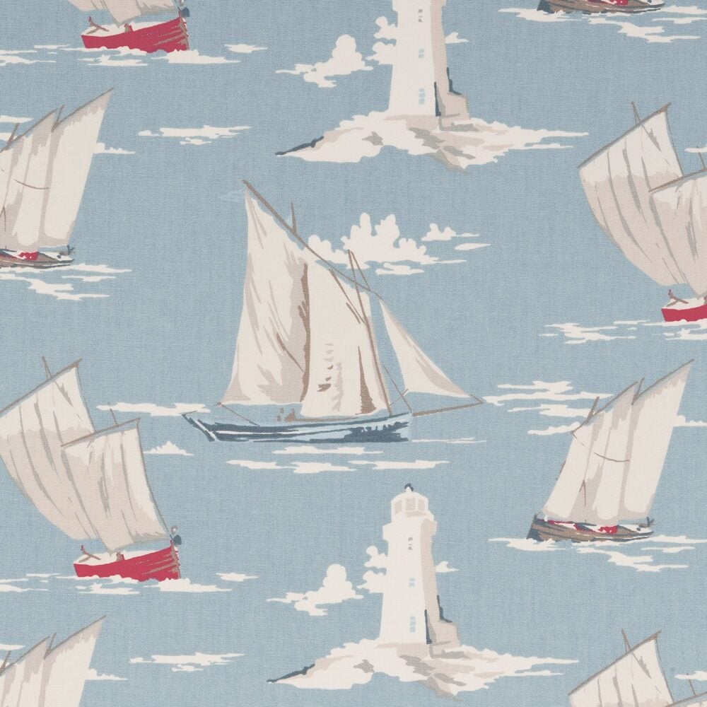 algodón grueso de estampado naútico con barcos veleros y faros sobre las olas del mar. Ref. F0409-01