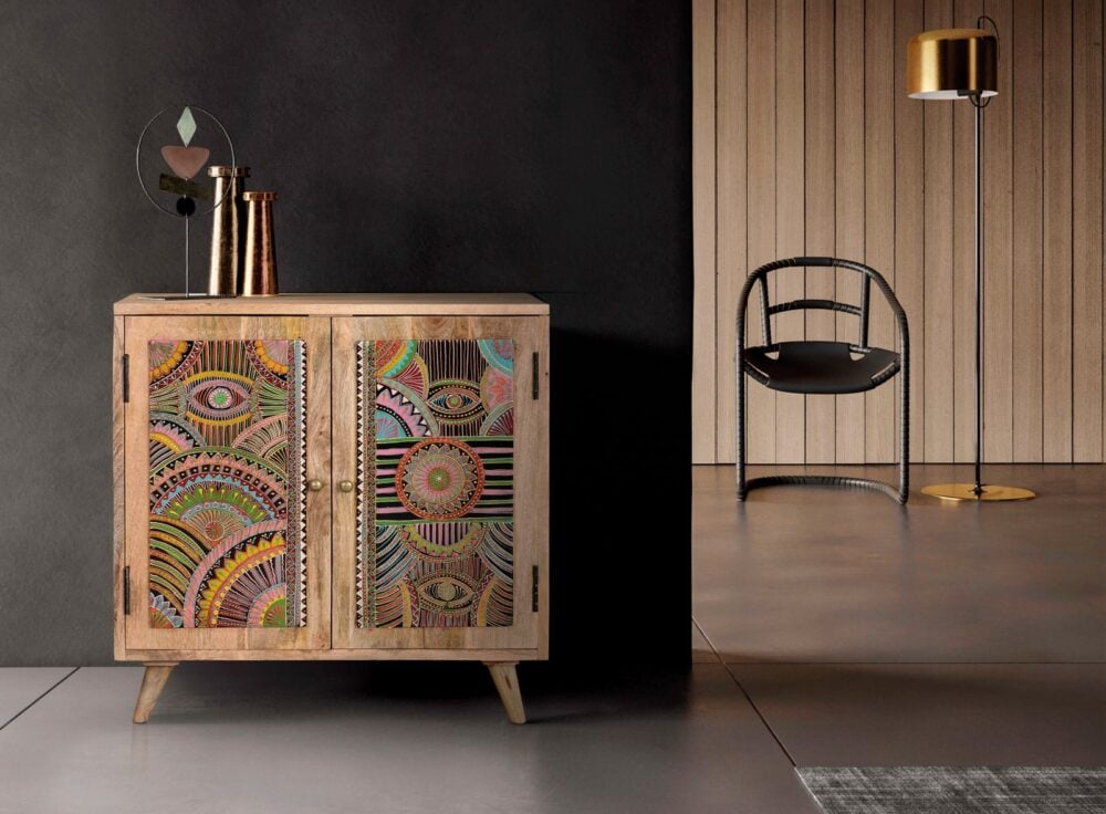 Aparador de madera con 2 puertas pintadas a mano (60x30x60cm)