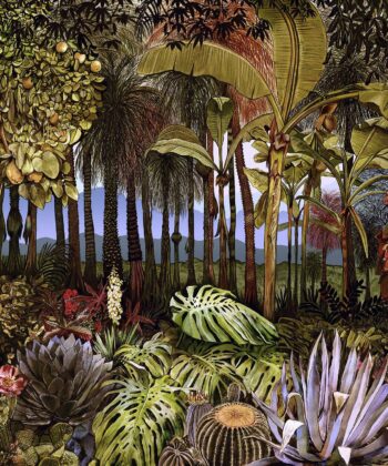 Mural adaptable de paisaje tropical de tamaño adaptable Colección «40 Aniversario» Estampados Singulares Un espectacular mural de papel pintado que presenta fastuoso paisaje botánico tropical.