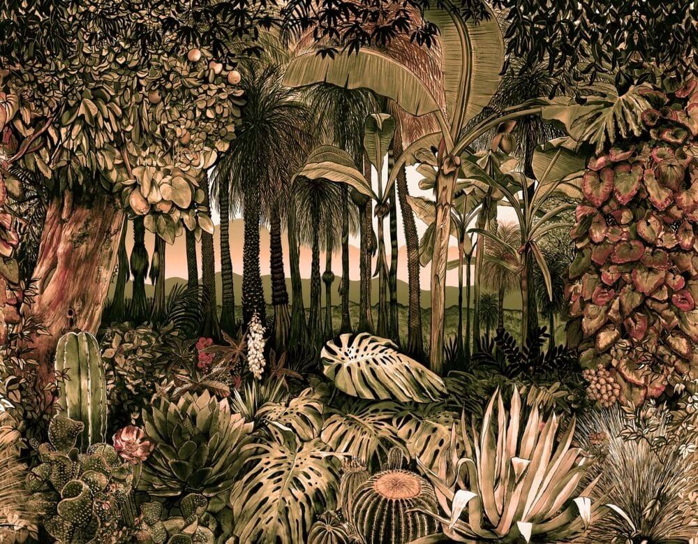Un espectacular mural de papel pintado que presenta fastuoso paisaje botánico tropical. 