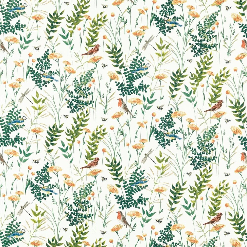 Algodón grueso estampado de ramos de flores, pequeñas aves y libélulas. Ref. F1532-02