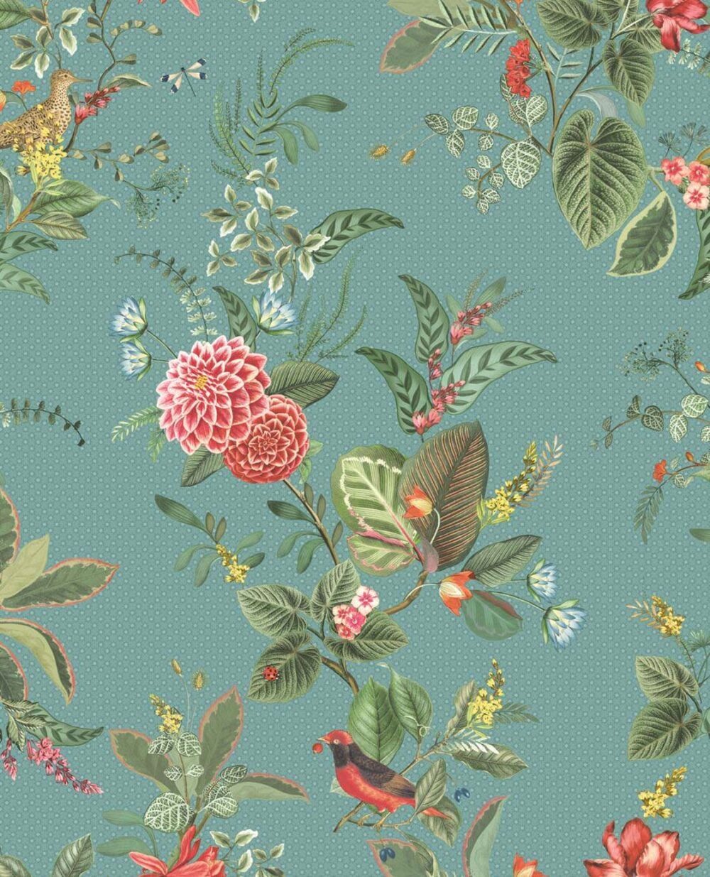 Papel pintado de Pip Studio de pájaros y flores en verde esmeralda