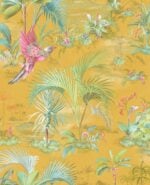 Papel de Pip Studio con pájaros y vegetación tropical en mostaza