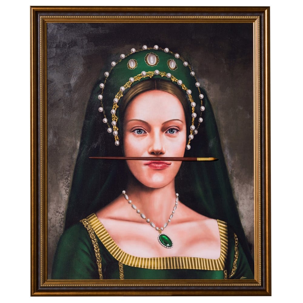 Retrato vintage de mujer noble en lienzo con pincel en la boca