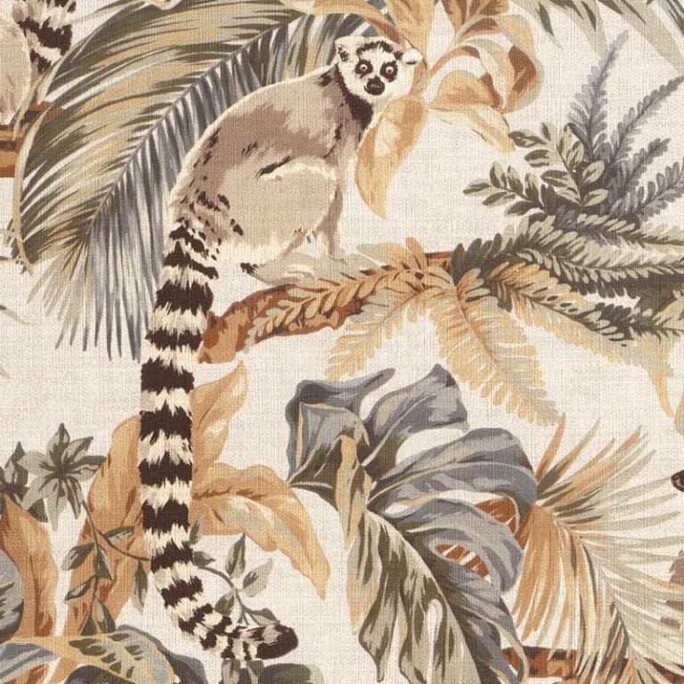 BAOBAB_ Colección "Lemuria" Lisos y Semilisos con Textura Papel pintado vinílico con diseño tropical de lemures en rono crudo - natural
