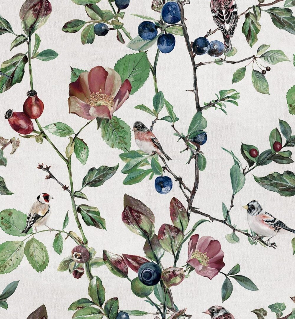Papel pintado con motivos de jilgueros y flores diseño de Coordonné - Goldfinch-Song-Cotton-9500030