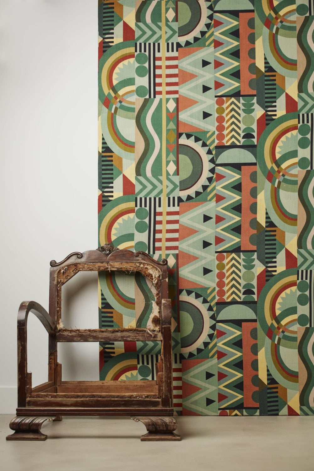 Lino 100% estampado tipo patchwork inspirado en la Bauhaus "ROSSIGNOL - Mint"