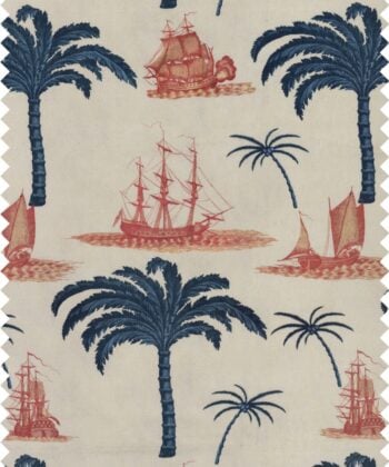 Tejido estampado de barcos antiguos y palmeras tropicales "aegean" diseño de la firma Mind the Gap