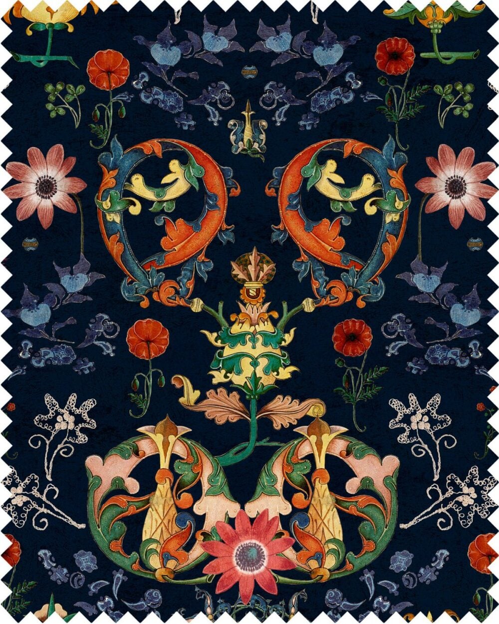 Lino 100% estampado de ramos de flores sobre fondo azul oscuro "transylvania-folk" de la firma Mind the Gap
