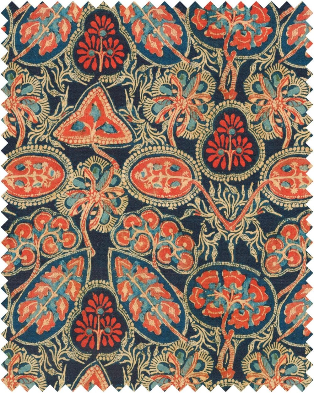 Lino 100% estampado de flores abstractas sobre fondo azul intenso "heirloom_linen" diseño de Mind the Gap