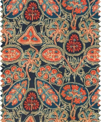 Lino 100% estampado de flores abstractas sobre fondo azul intenso "heirloom_linen" diseño de Mind the Gap