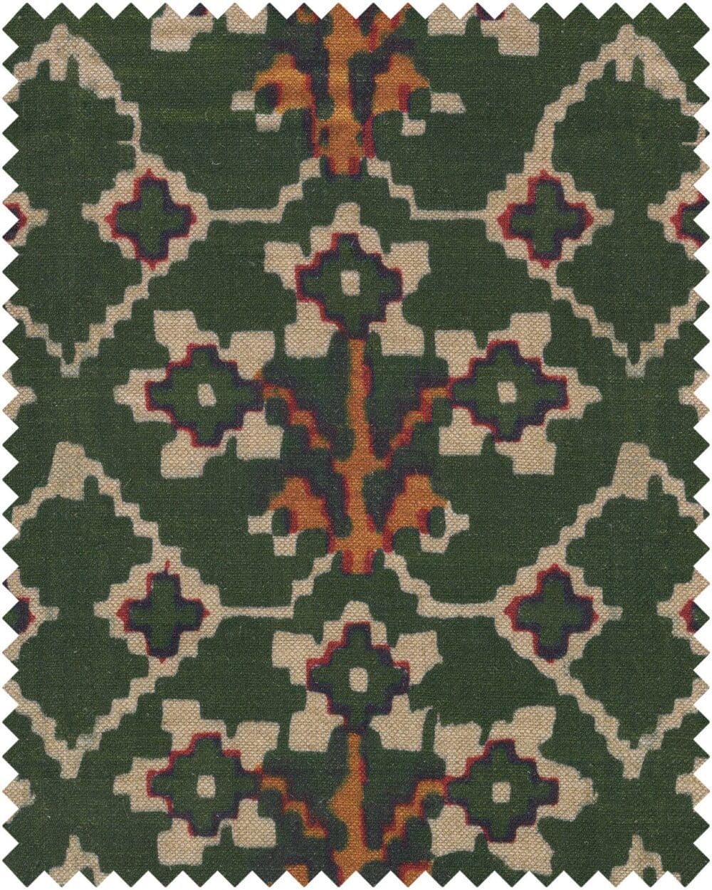 Lino 100% de grandes motivos étnicos geométricos en verde "zold_linen" diseño de Mind the Gap
