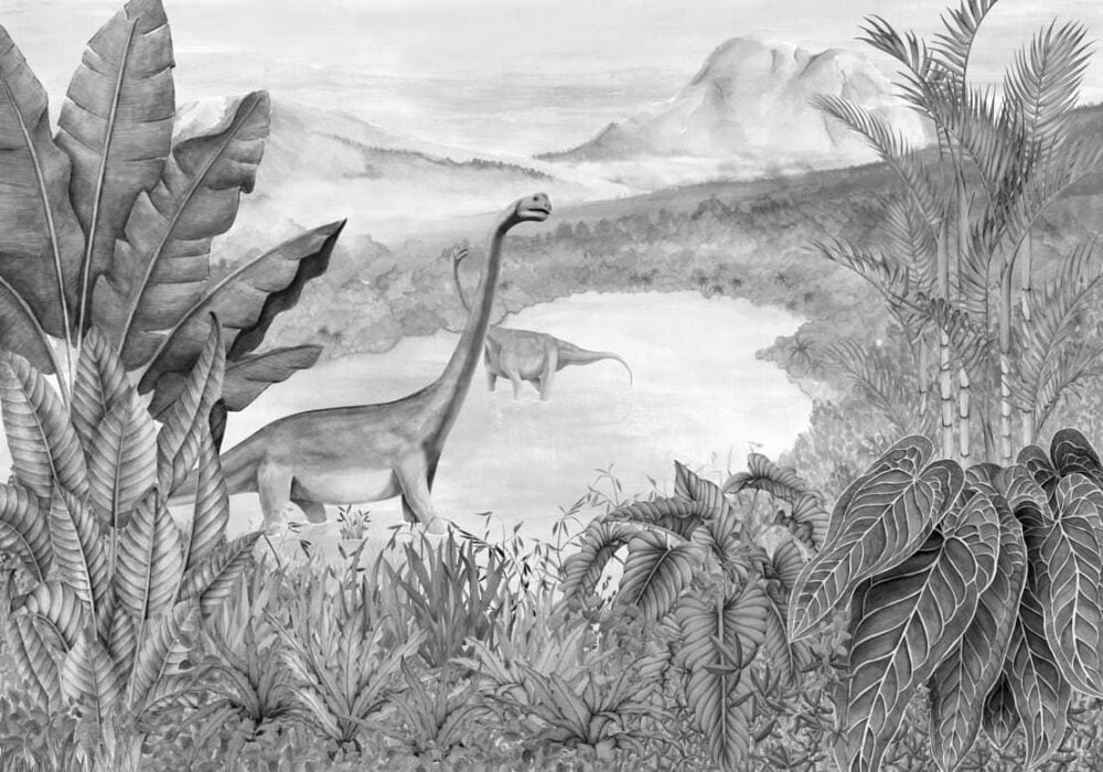 Mural de papel pintado con un paisaje jurásico de dinosaurios "DINOSAURS PARK - ASH - 9700042" de Coordonné