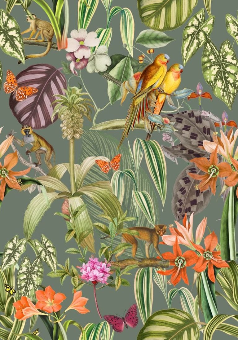 PALMS WP Papel Pintado Coordonné Estilo Tropical "Wild Jungle" Papel pintado tropical de flores y aves exóticas (TNT o vinílico) de Coordonné. PARROTS MUSGO - 9900007