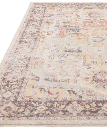 Alfombra persa vintage en tonos pastel y borde oscuro (tamaño a elegir). Flores-Kira-FR04