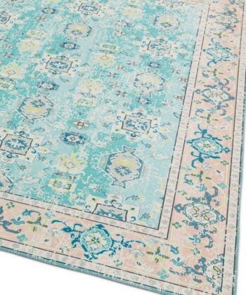 Alfombra de poliéster con diseño floral en verde agua (170 × 120cm). Modelo Syon-Azure