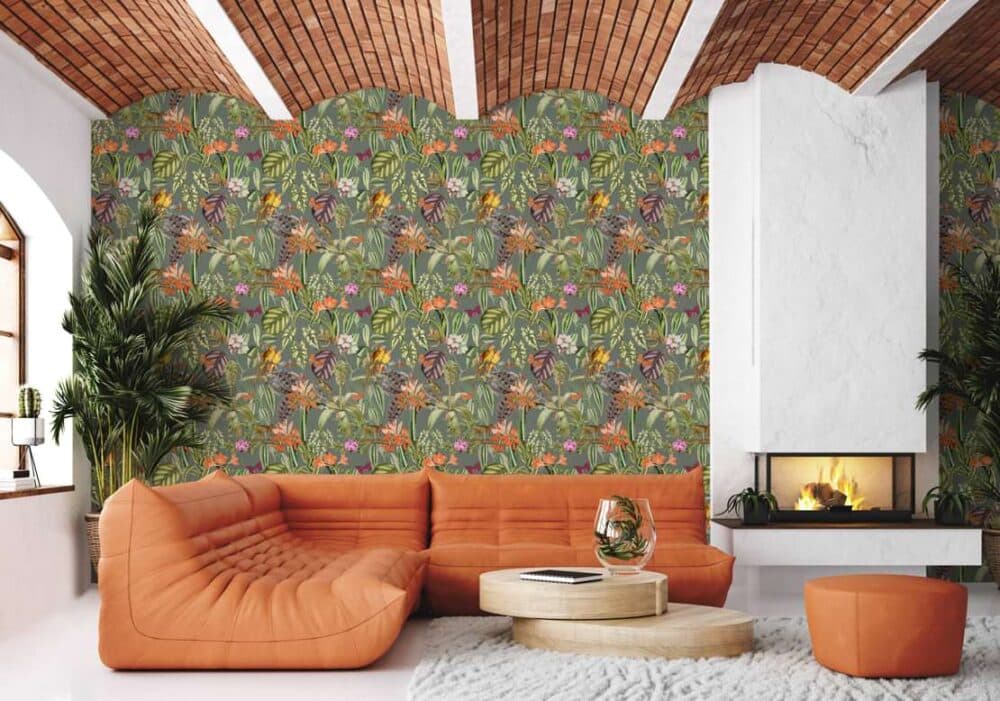 Salón decorado con papel pintado PARROTS - PERLA - 9900007 de Coordonné