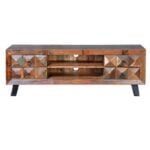 Mueble de TV en madera reciclada con cajones en forma de diamante. Patas de hierro.