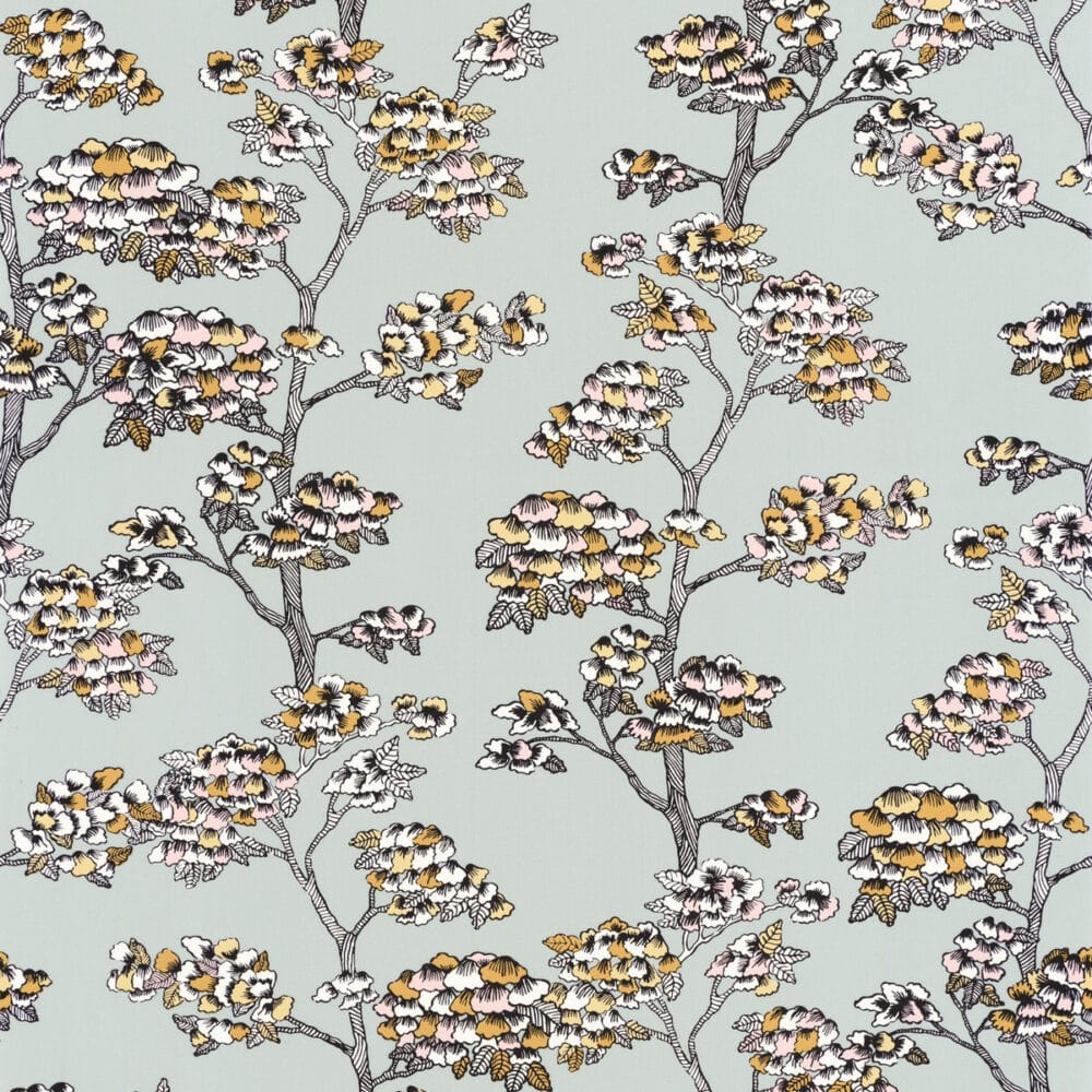 Papel pintado vinílico con motivos de jardín japonés en color azul cielo 102997032
