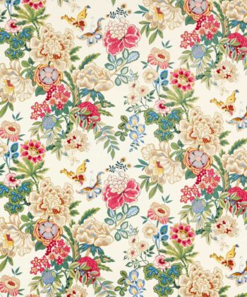 Lino estampado con grandes peonías y mariposas Colección "Water Garden Fabrics" Estilo Chinoiserie Lino estampado con grandes peonías y mariposas