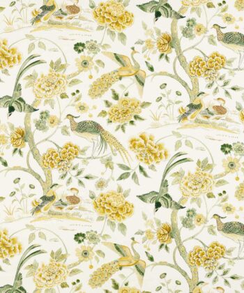 Lino estampado de pavos reales y pájaros tropicales Colección "Water Garden Fabrics" Estilo Chinoiserie