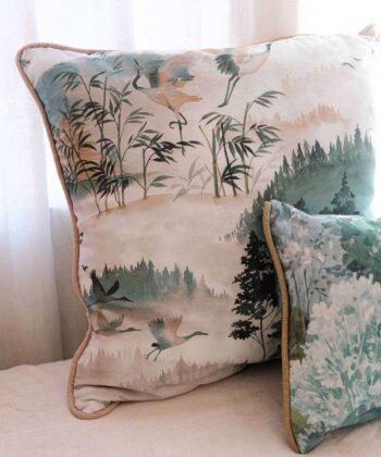 Algodón con diseño tipo acuarela de bosques y grullas Colección "Nikko" Estilo Chinoiserie